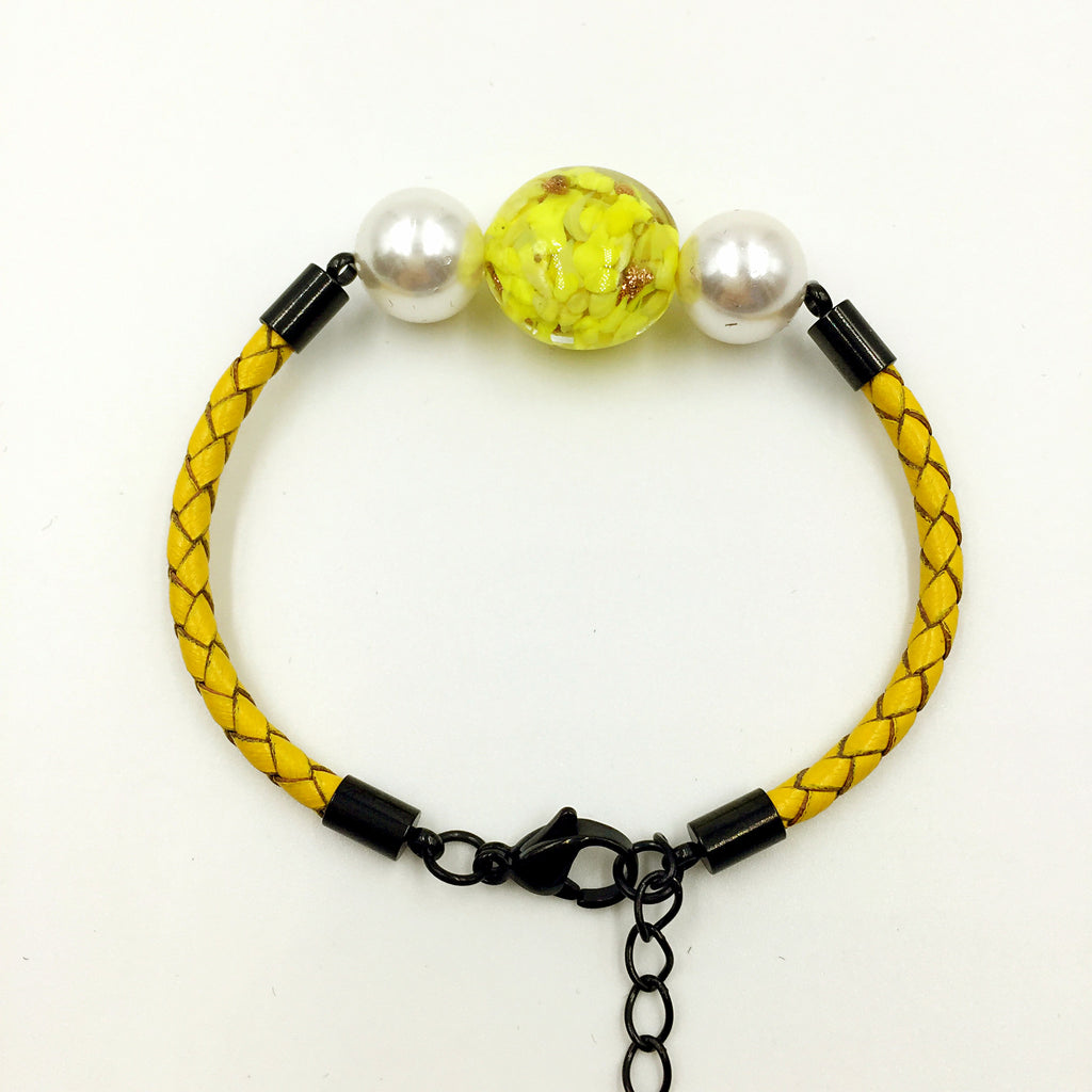 White Pearl Yellow Bead on Lemon Leather,  - MRNEIO LLC