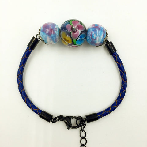Triple Flower Purple and Ceramic Beads on Navy Blue Leather,  - MRNEIO LLC