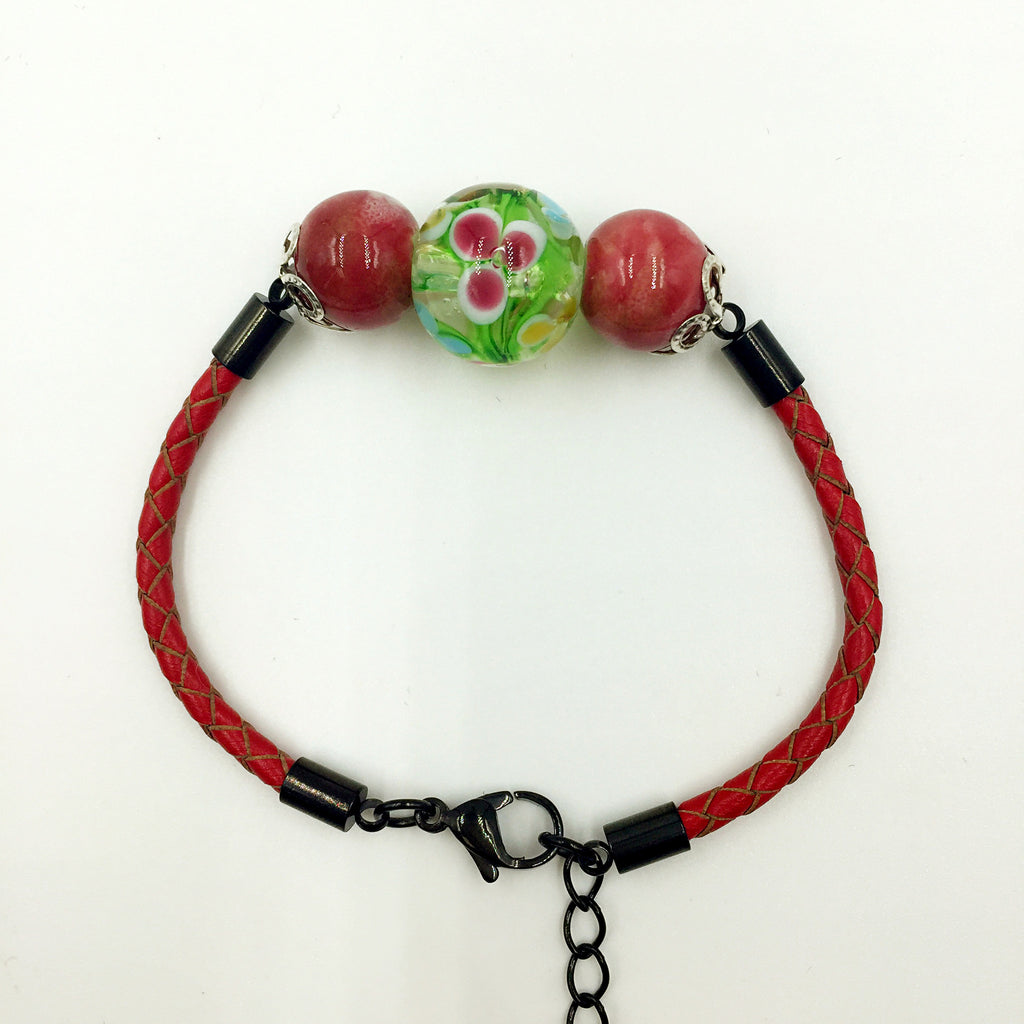 Triple Flower Green and Ceramic Beads on Red Leather,  - MRNEIO LLC