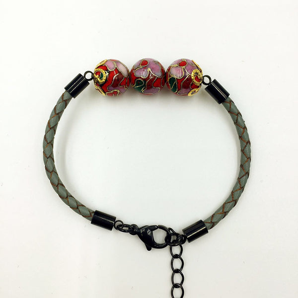 Triple Red Beads on Grey Leather,  - MRNEIO LLC