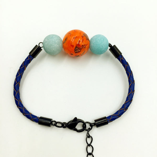 Turquoise Macaron Orange Bead on Navy Blue Leather