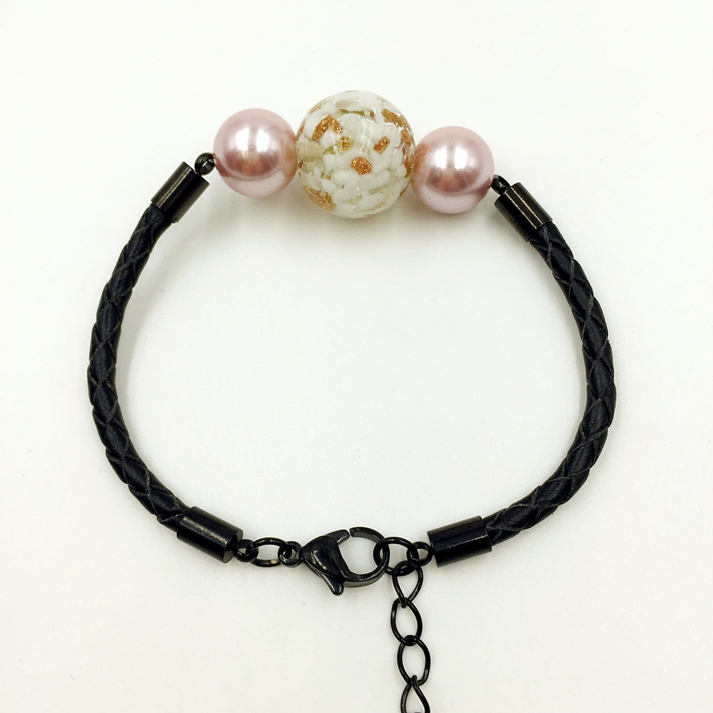 Pink Pearl Gold Leaf White Bead on Black Leather,  - MRNEIO LLC