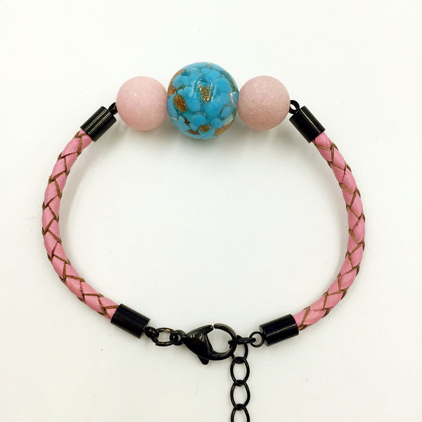 Pink Macaron Sky Blue Bead on Pink Leather