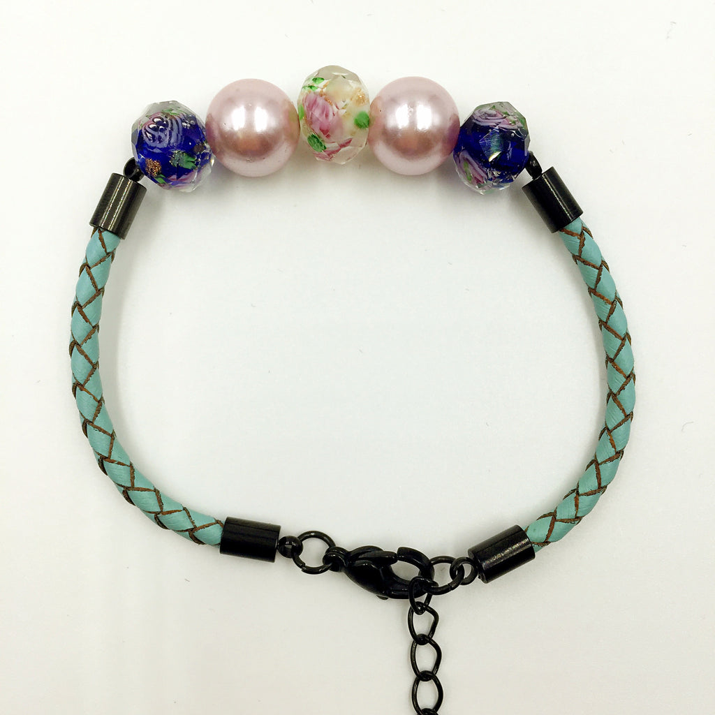 Pink Pearl White and Blue Beads on Turquoise Leather,  - MRNEIO LLC