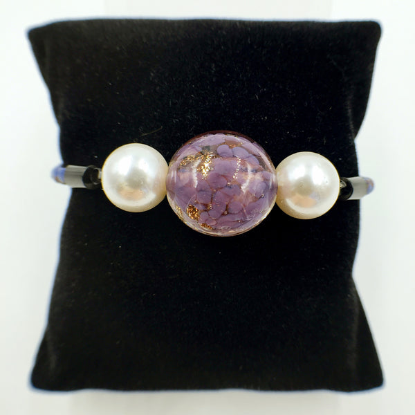 White Pearl Gold Leaf Purple Bead on Navy Blue Leather,  - MRNEIO LLC