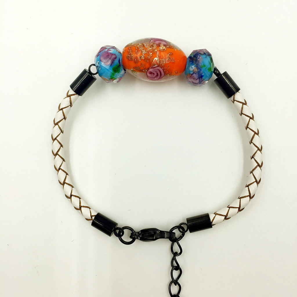 Triple Flower Orange and Sky Blue Beads on White Leather,  - MRNEIO LLC