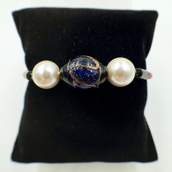 White Pearl Stellar Blue Bead on Red Leather,  - MRNEIO LLC