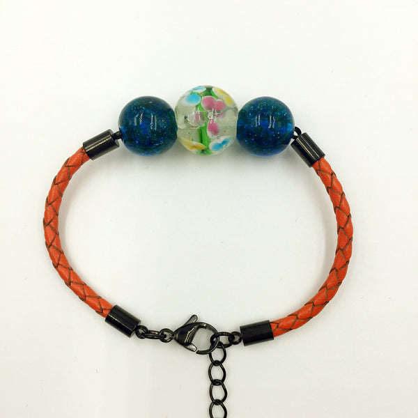 Triple Flower Clear Yellow and Dark Green/blue Beads on Orange Leather,  - MRNEIO LLC