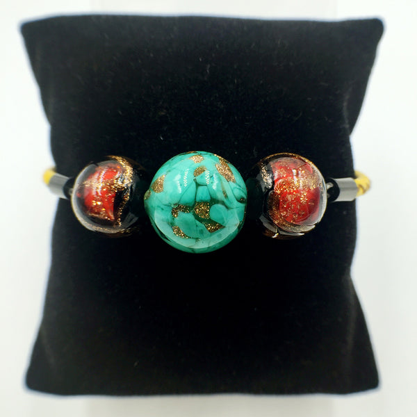 Triple Gold Leaf Green and Stellar Red Beads on Yellow Leather,  - MRNEIO LLC