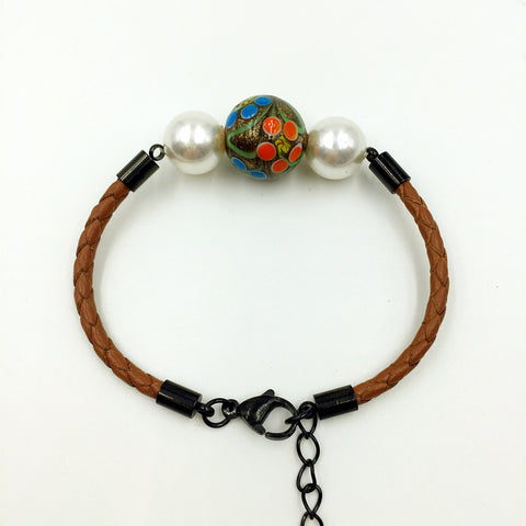 White Pearl Flower Patterned Gold Bead on Yellow Brown Leather,  - MRNEIO LLC