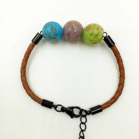 Triple Gold Leaf Green, Purple and Blue Beads on Yellow Brown Leather,  - MRNEIO LLC