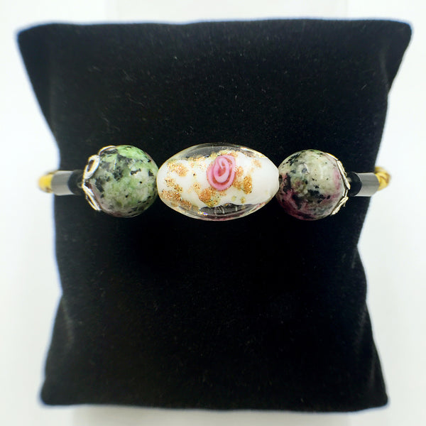 Triple Flower White and Gemstone Beads on Yellow Leather,  - MRNEIO LLC