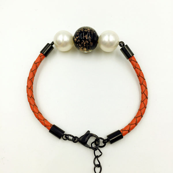 White Pearl Black Bead on Orange Leather,  - MRNEIO LLC