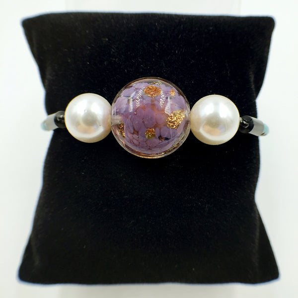 White Pearl Gold Leaf Purple Bead on Turquoise Leather
