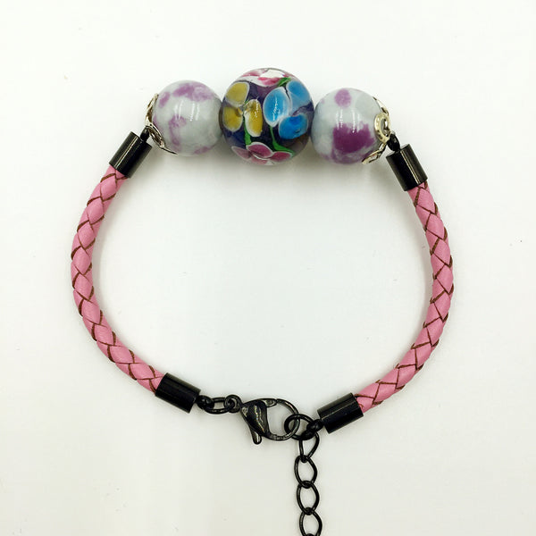 Triple Flower Purple and Ceramic Beads on Pink Leather,  - MRNEIO LLC