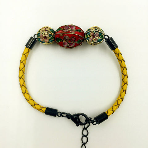 Triple Red and Sky Blue Beads on Lemon Leather,  - MRNEIO LLC