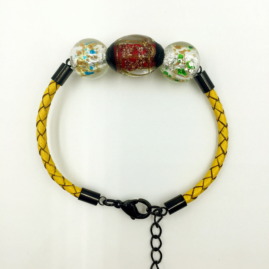 Triple Stellar Red and Gold Leaf White Beads on Yellow Leather,  - MRNEIO LLC
