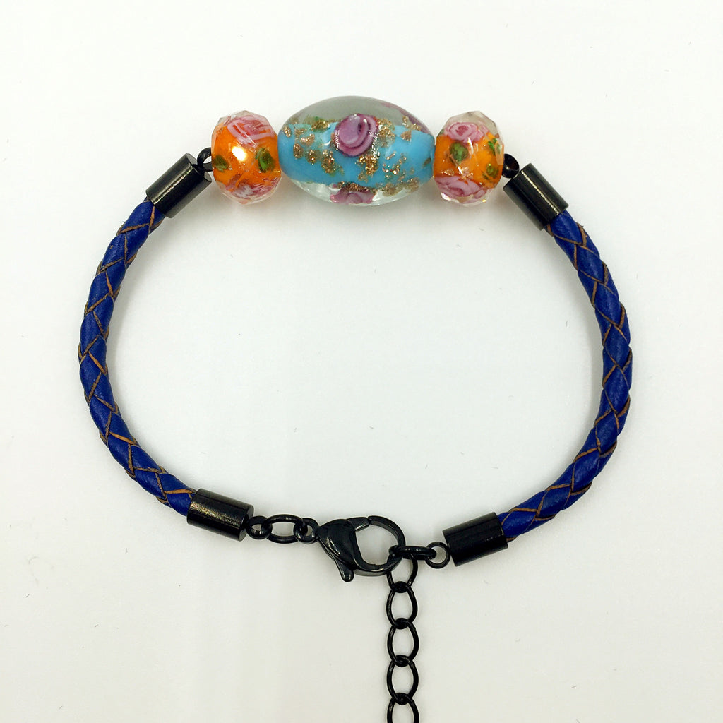 Triple Flower Turquoise and Orange Beads on Navy Blue Leather,  - MRNEIO LLC