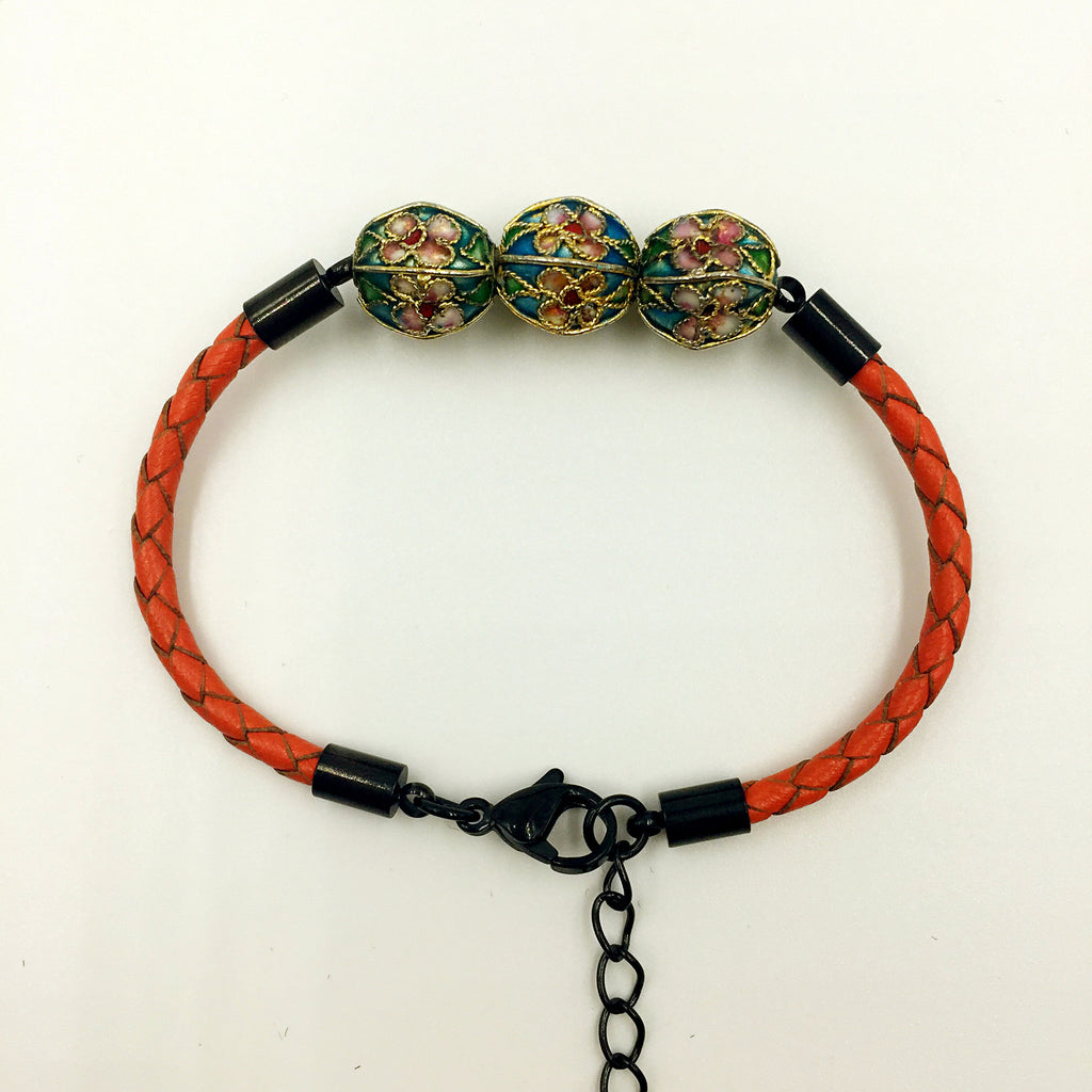 Triple Sky Blue Beads on Orange Leather,  - MRNEIO LLC