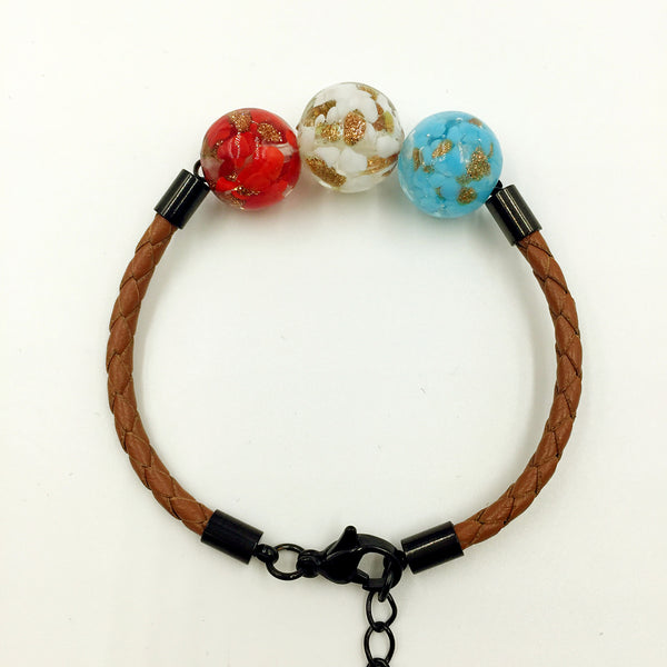 Triple Gold Leaf Red, White and Sky Blue Beads on Yellow Brown Leather,  - MRNEIO LLC