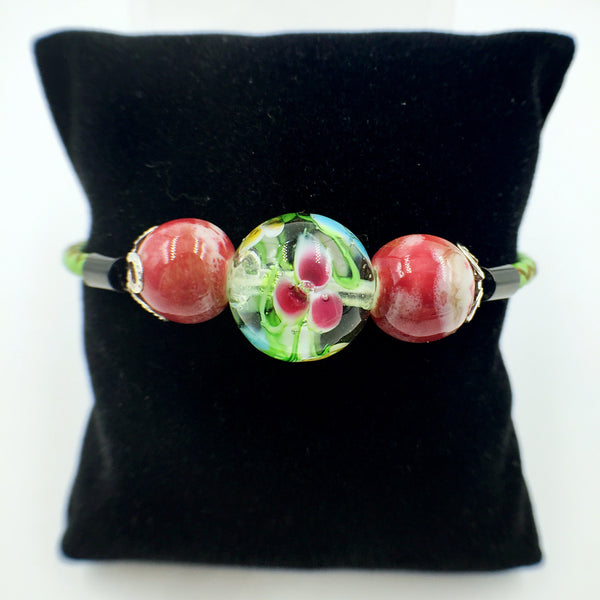 Triple Flower Green and Ceramic Beads on Green Leather