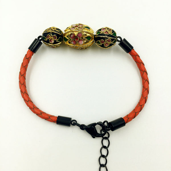 Triple Gold and Black Beads on Orange Leather,  - MRNEIO LLC