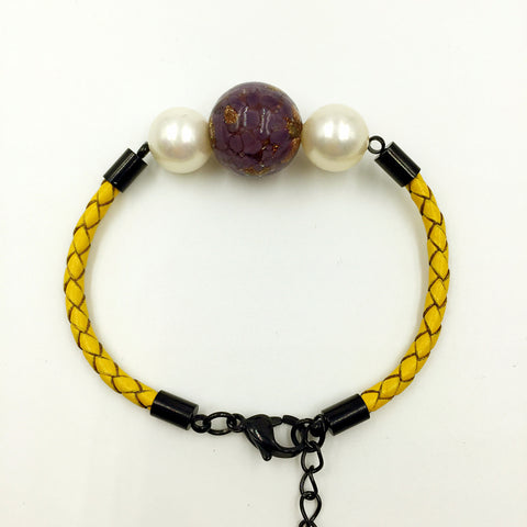 White Pearl Purple Bead on Lemon Leather,  - MRNEIO LLC