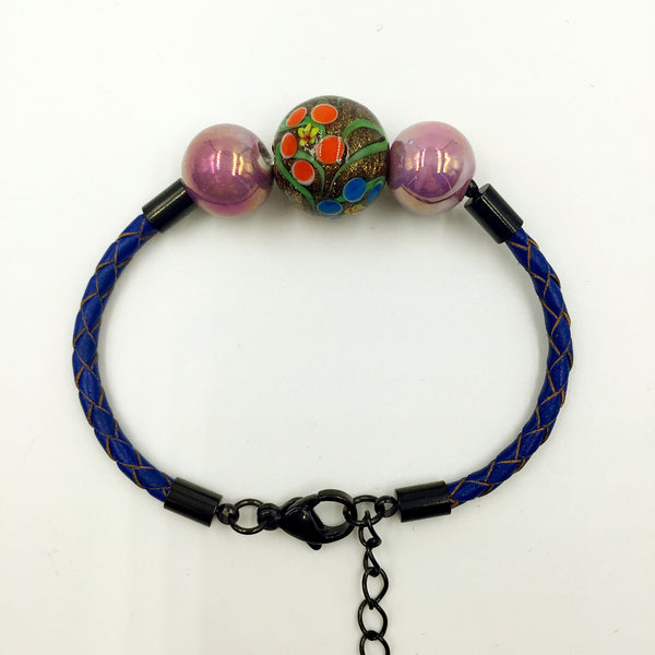 Triple Gold and Ceramic Beads on Navy Blue Leather,  - MRNEIO LLC