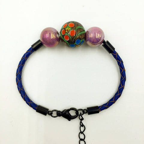 Triple Gold and Ceramic Beads on Navy Blue Leather,  - MRNEIO LLC