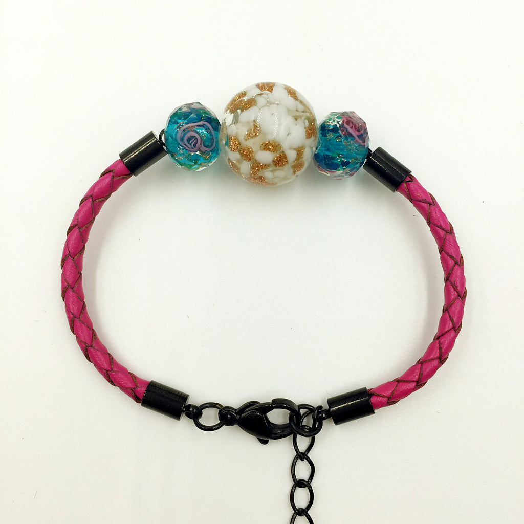 Triple Gold Leaf White and Flower Blue Beads on Rose Red Leather,  - MRNEIO LLC
