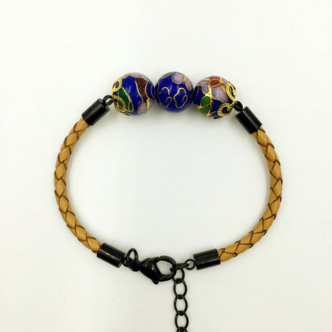Triple Navy Blue Beads on Beige Leather,  - MRNEIO LLC