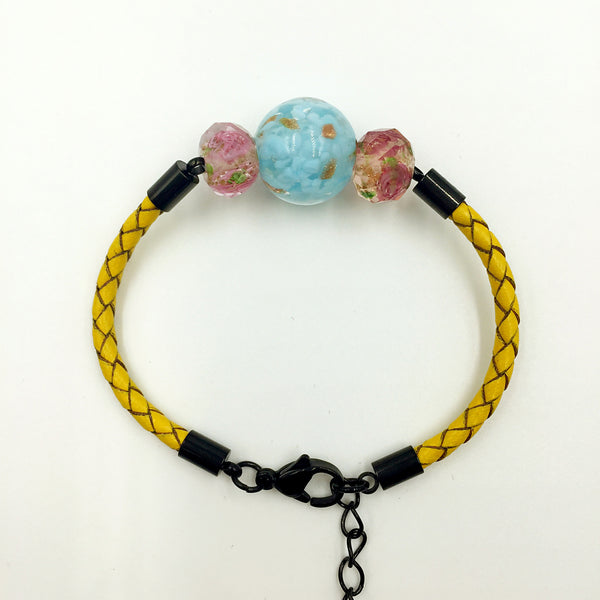 Triple Gold Leaf Light Blue and Flower Pink Beads on Yellow Leather,  - MRNEIO LLC