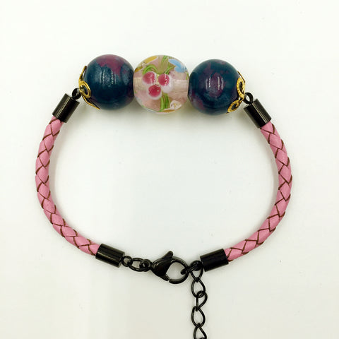 Triple Flower Pink and Ceramic Beads on Pink Leather,  - MRNEIO LLC