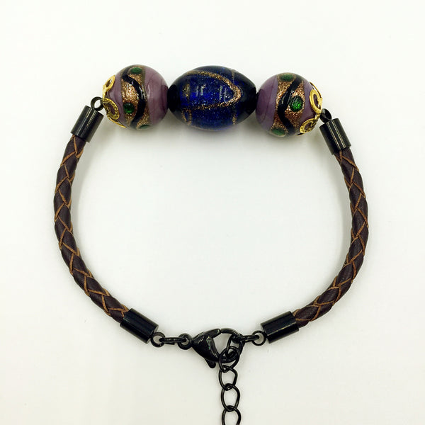 Triple Stellar Blue and Purple Beads on Brown Leather,  - MRNEIO LLC