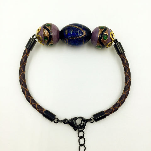 Triple Stellar Blue and Purple Beads on Brown Leather,  - MRNEIO LLC