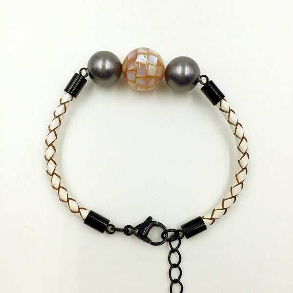 Black Pearl Flesh Pink Mother of Pearl Bead on White Leather,  - MRNEIO LLC