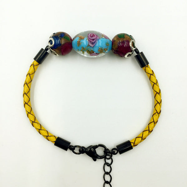 Triple Flower Turquoise and Gemstone Beads on Yellow Leather,  - MRNEIO LLC