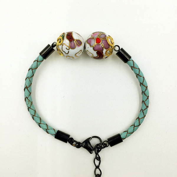Twin White Beads on Turquoise Leather