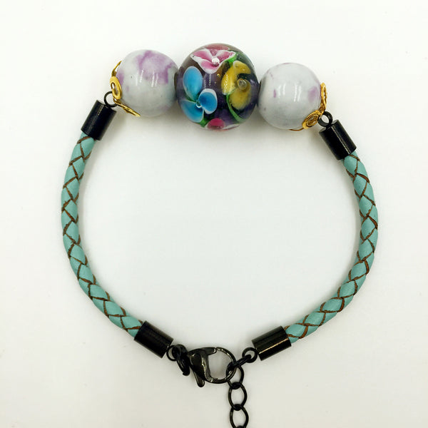 Triple Flower Purple and Ceramic Beads on Turquoise Leather,  - MRNEIO LLC