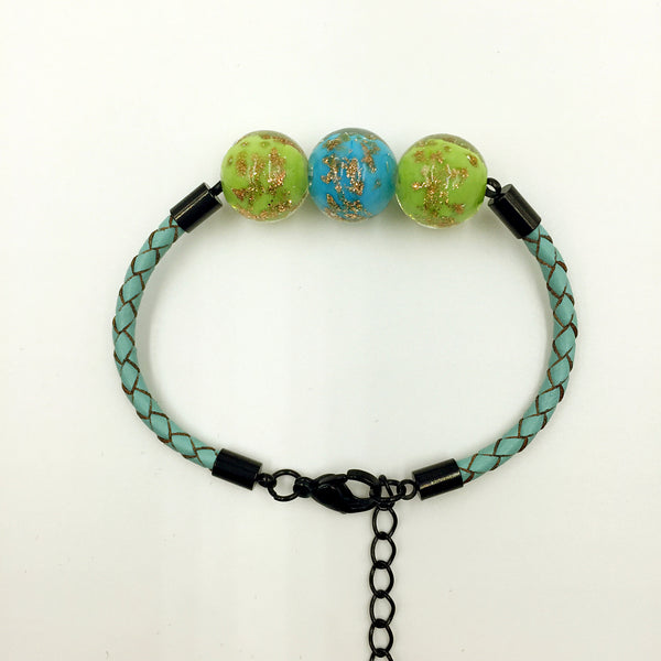 Triple Gold Leaf Sky Blue and Green Beads on Turquoise Leather,  - MRNEIO LLC