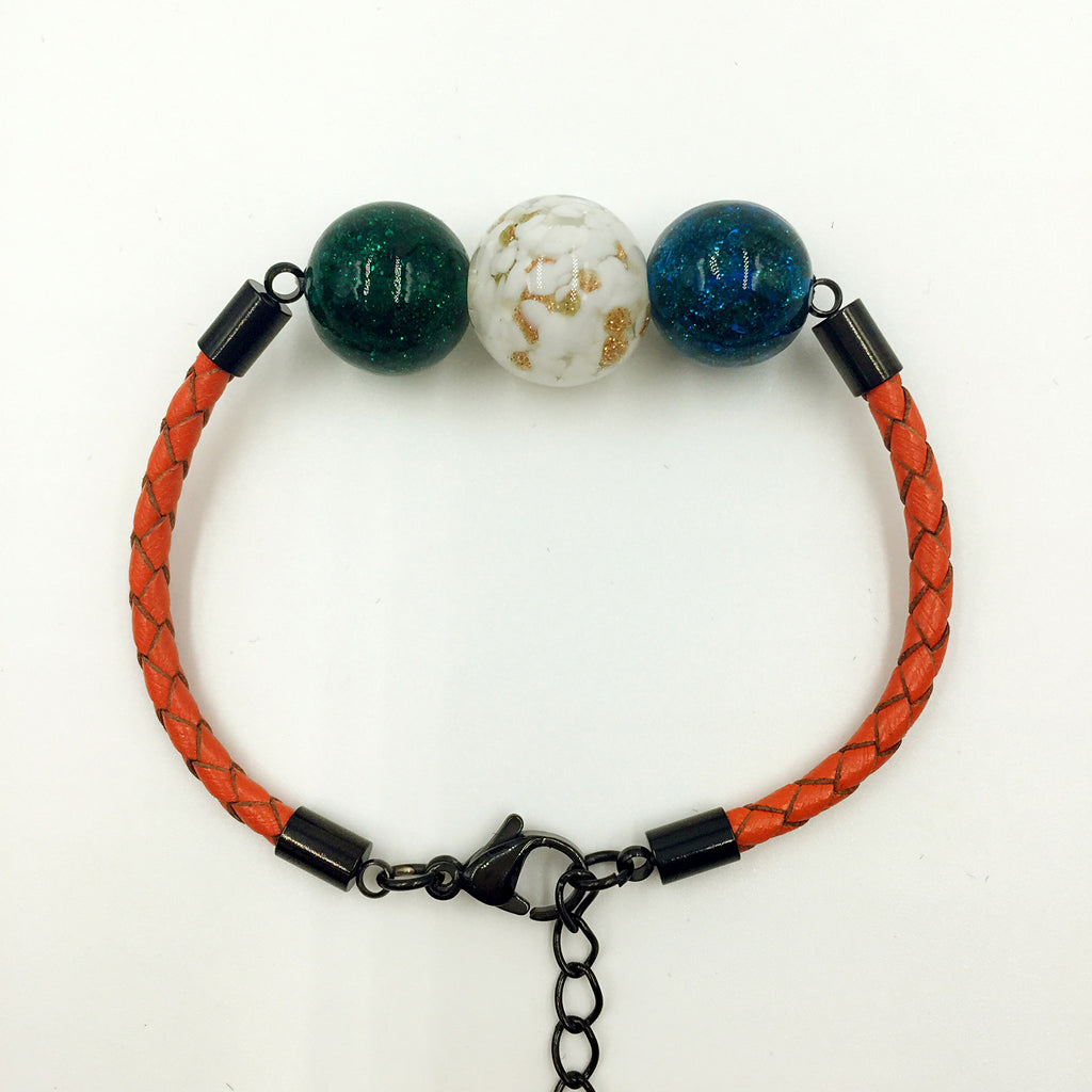 Triple Gold Leaf White and Dark Blue and Green Beads on Orange Leather,  - MRNEIO LLC