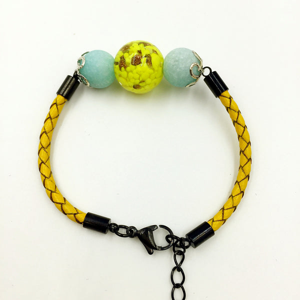 Turquoise Macaron Yellow Bead on Lemon Leather