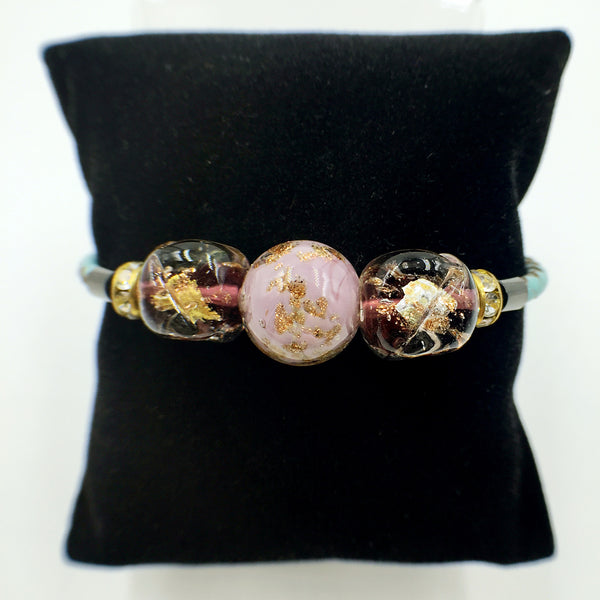 Triple Gold Leaf Purple Beads on Turquoise Leather,  - MRNEIO LLC