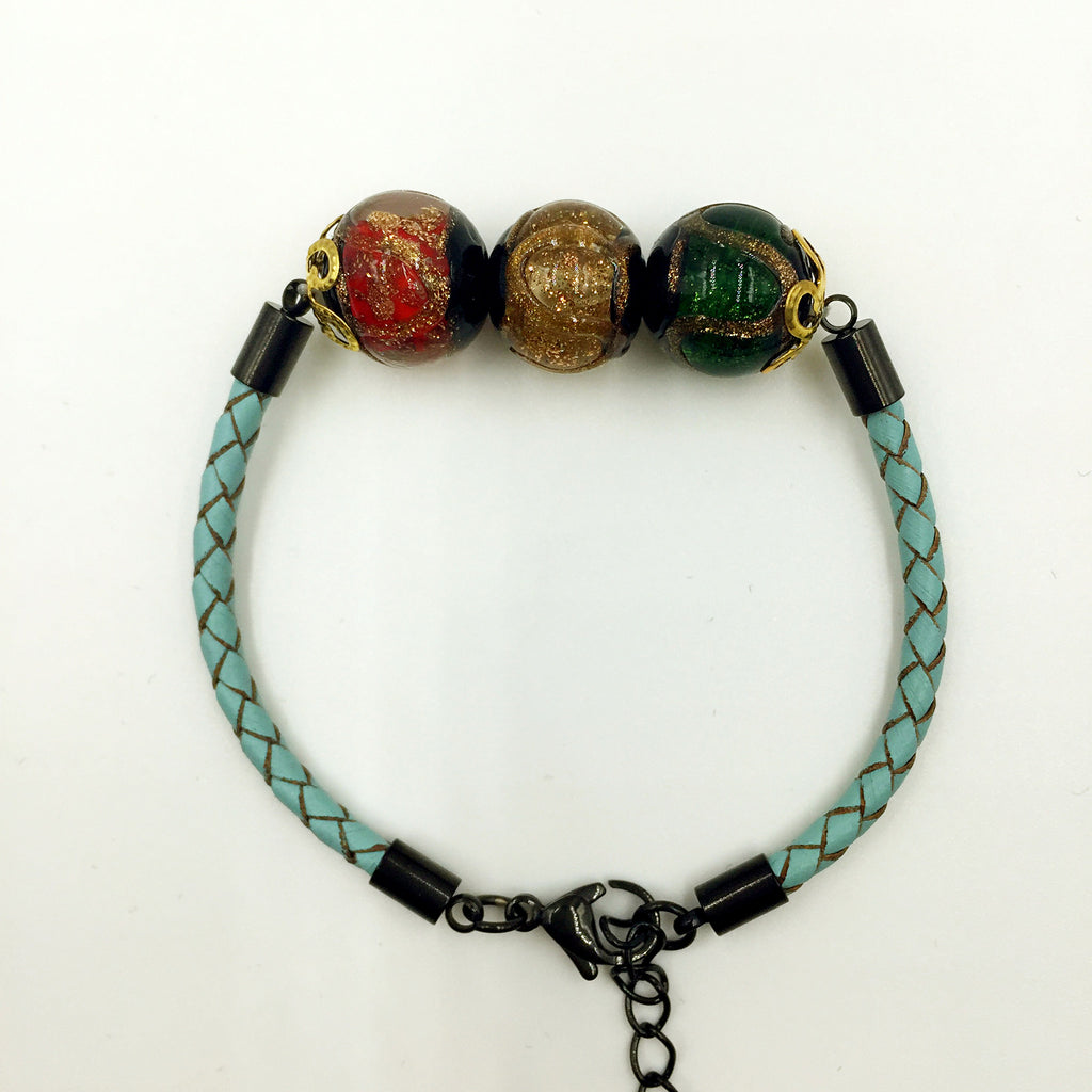 Triple Stellar Brown, Red and Green Beads on Turquoise Leather,  - MRNEIO LLC