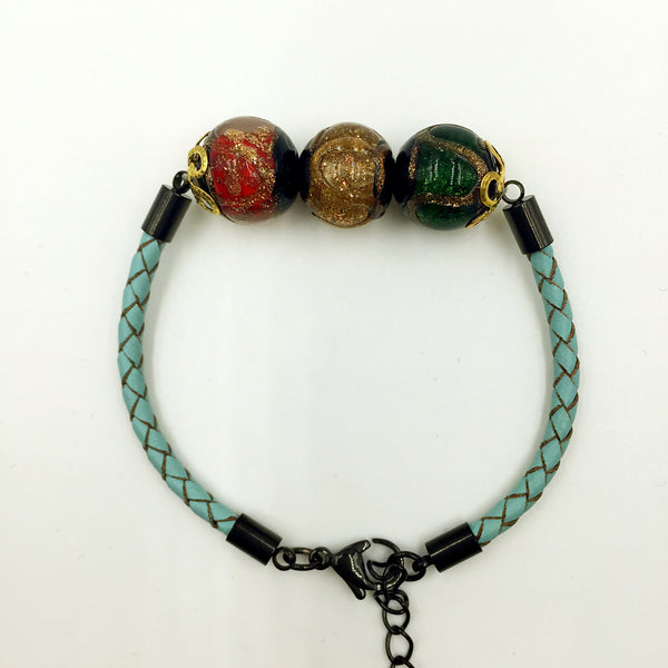 Triple Stellar Brown, Red and Green Beads on Turquoise Leather,  - MRNEIO LLC