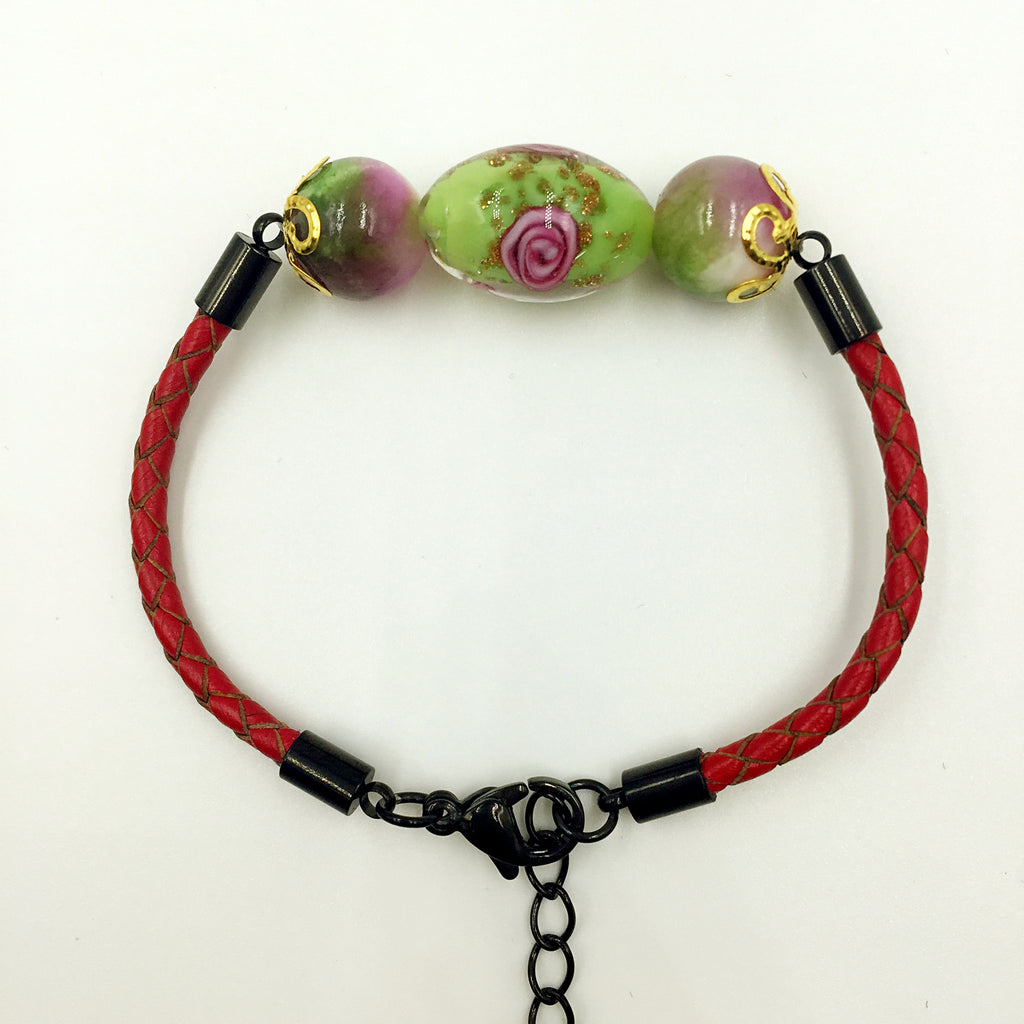Triple Flower Green and Gemstone Beads on Red Leather,  - MRNEIO LLC
