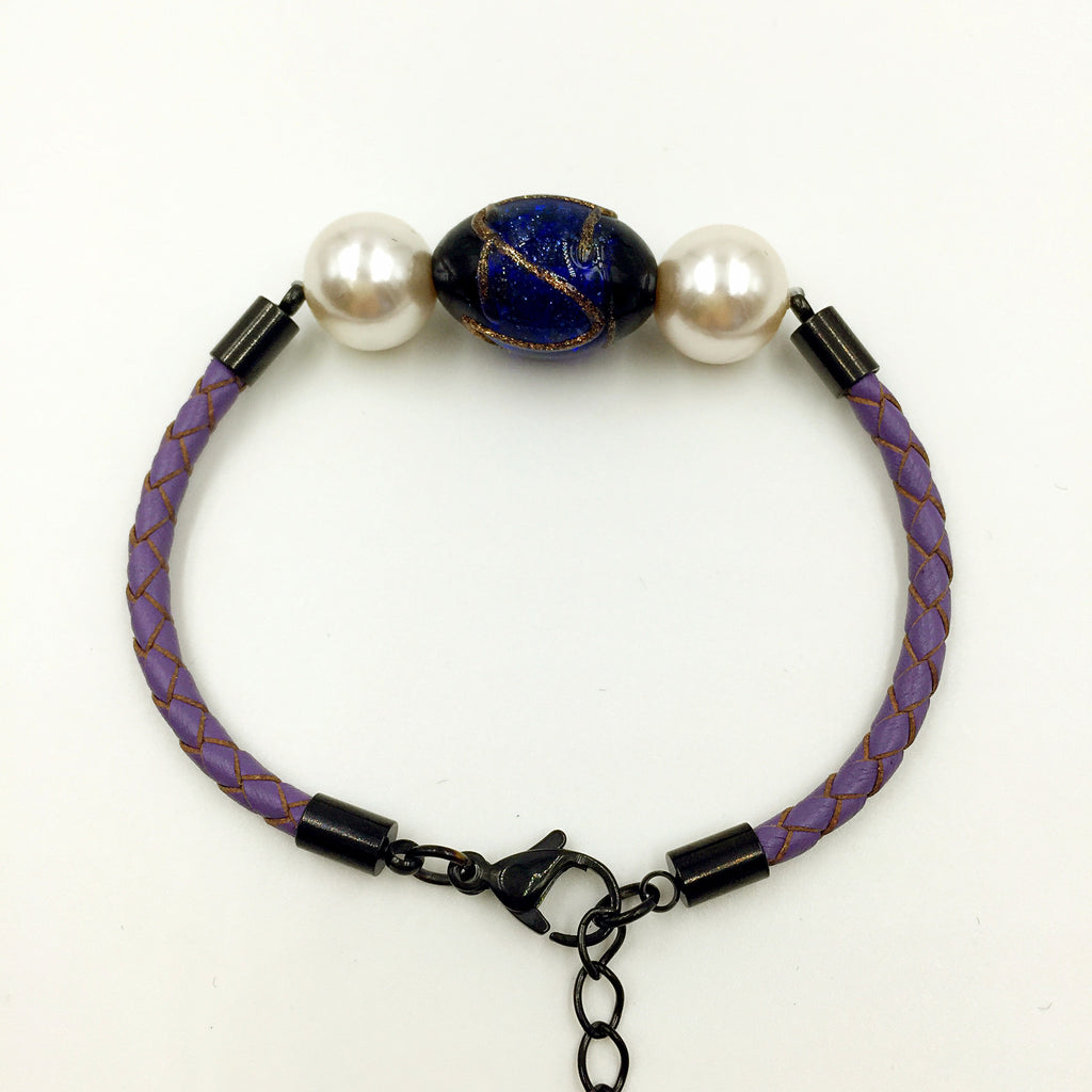 White Pearl Stellar Blue Bead on Purple Leather
