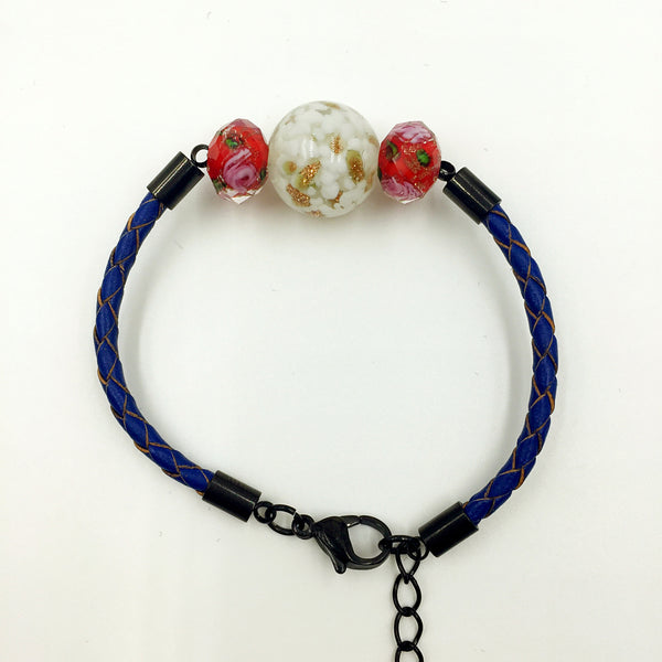 Triple Gold Leaf White and Flower Red Beads on Navy Blue Leather,  - MRNEIO LLC