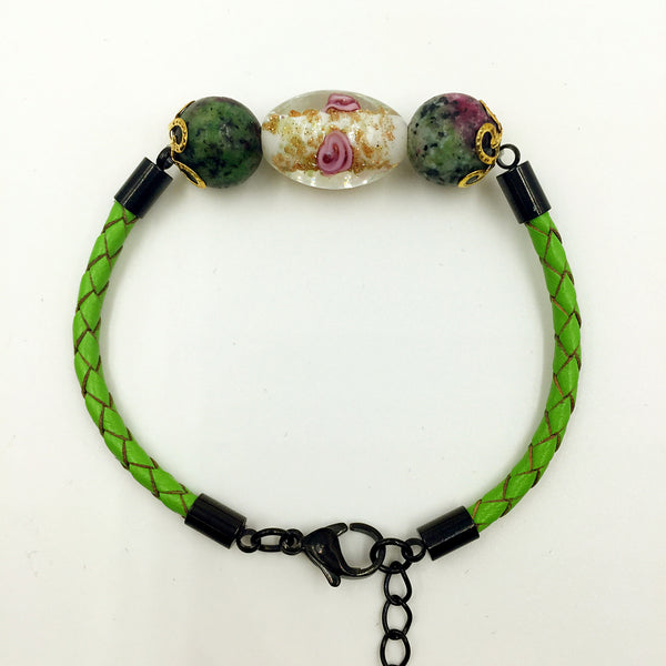 Triple Flower White and Gemstone Beads on Green Leather,  - MRNEIO LLC