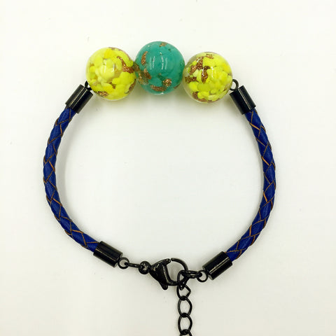 Triple Gold Leaf Blue/Green and Yellow Beads on Navy Blue Leather,  - MRNEIO LLC